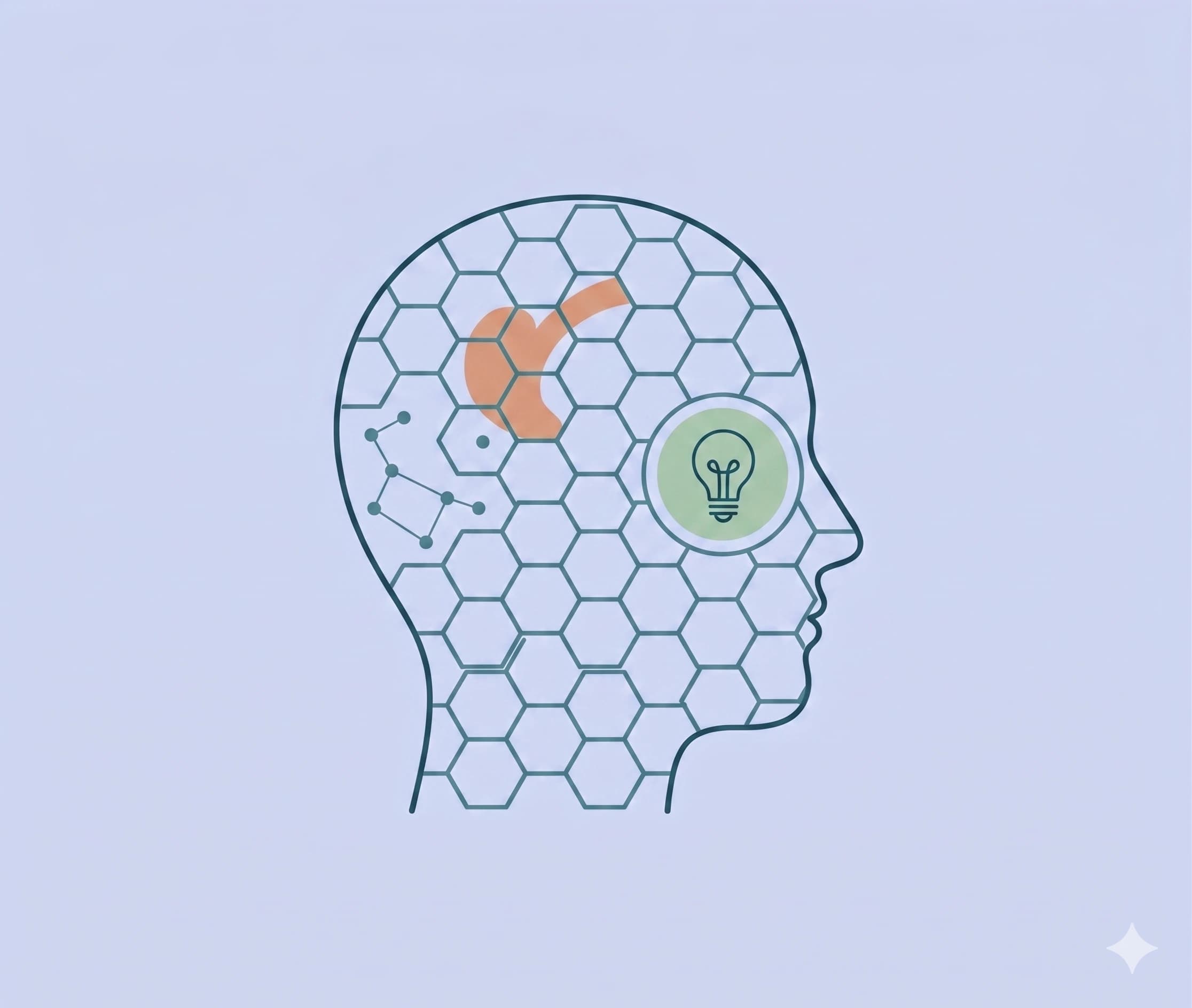 Side profile of a head with a hexagonal pattern and a lightbulb