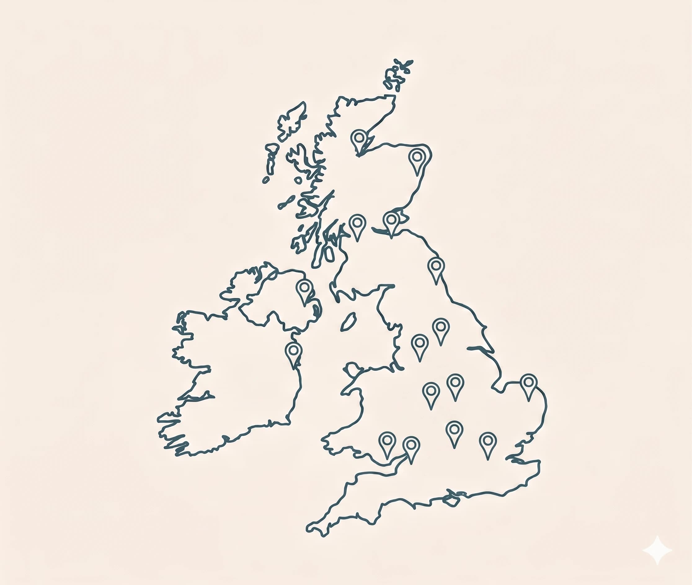 A hand-drawn outline map of the UK and Ireland with pinned locations