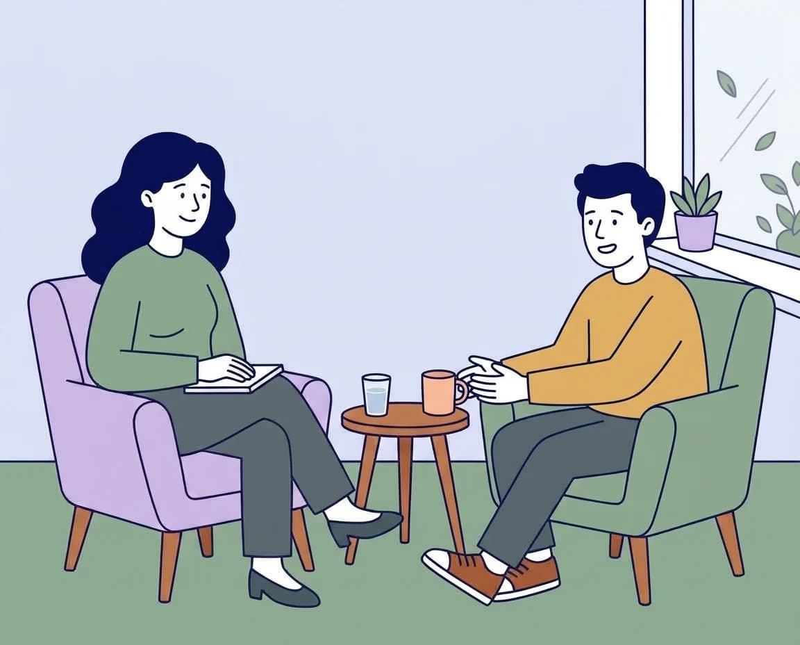 A counsellor and an adult client talking in armchairs by a window
