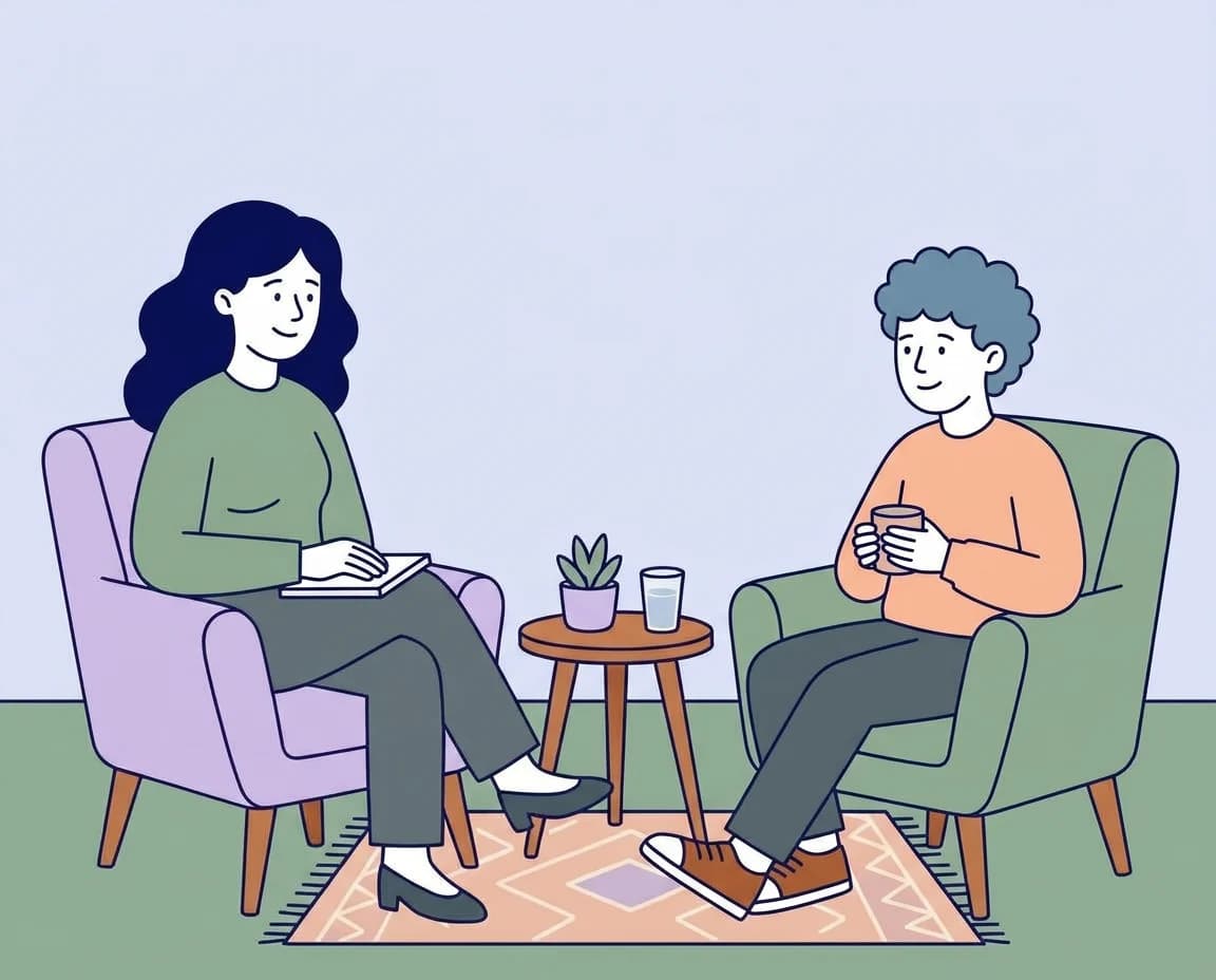 A counsellor and a client talking in two armchairs