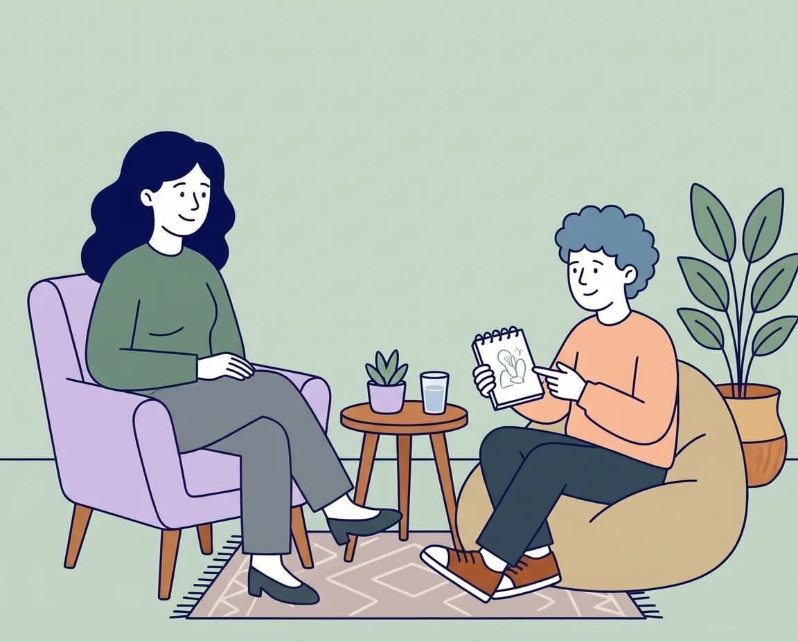 A counsellor sitting with a young person who is showing them a drawing